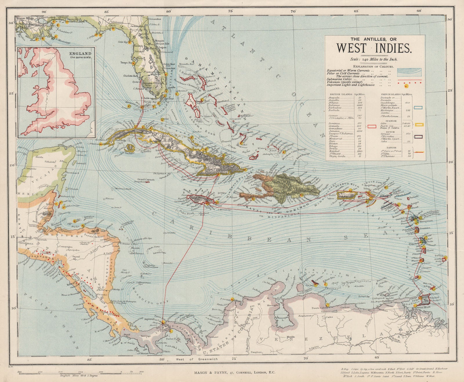 WEST INDIES volcanoes lighthouses telegraph cables. Dutch French. LETTS 1889 map